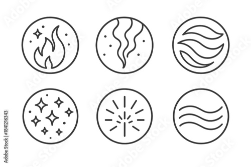 Velvet Ash Embers. Line style vector icons of Velvet Ashes: soft embers, fading smoke, curved ashes, glowing dust, quiet sparks,