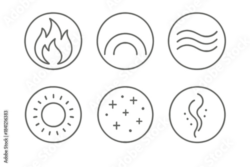 Soft Inferno Icons. Line style vector icons of Soft Inferno: warm flames, glowing arcs, delicate waves, circular glow, quiet