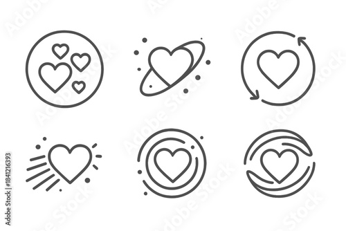 Hearts in Orbit. Line style vector icons of Hearts in Orbit: floating hearts, curved rings, glowing dots, circular motion, radiant