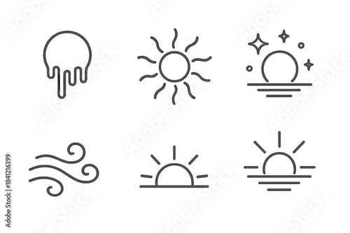 Sunken Glow Icons. Line style vector icons of Sunken Glow: melting orb, curved rays, soft shimmer, drifting air, hidden light,
