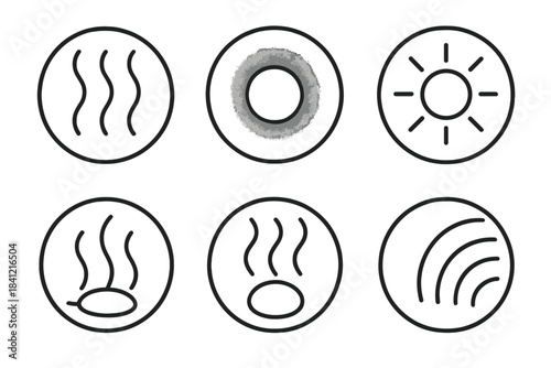 Heated Reflection Icons. Line style vector icons of Heated Reflection: curved lines, glowing haze, molten circles, radiant