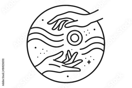 Tactile Silence Icons. Line style vector icons of Tactile Silence: floating hands, curved waves, soft rings, glowing dust, gentle