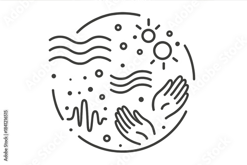 Emotional Stillness Icons. Line style vector icons of Emotional Stillness: curved waves, glowing dots, suspended air, gentle hands