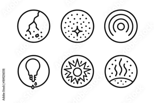 Charred Radiance Icons. Line style vector icons of Charred Radiance: cracked light, glowing dust, curved arcs, melted glow,