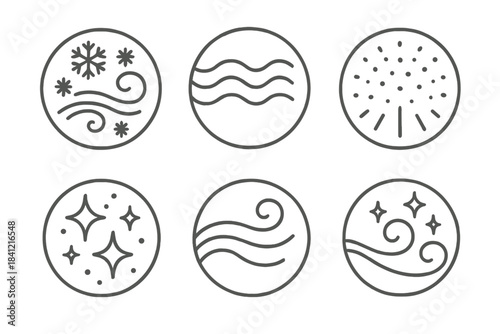 Polar Breath Icons. Line style vector icons of Polar Breath: floating frost, curved waves, radiant dust, glowing arcs, crisp