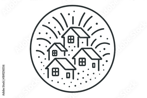 Glowing Homes Icons. Line style vector icons of Homes Made of Light: glowing houses, curved beams, radiant windows, soft dust,