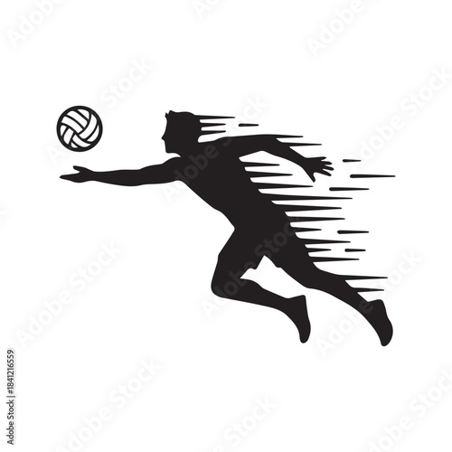 Dynamic Volleyball Player Silhouette Spiking Ball with Fire Effect. Male Athlete Jumping for Smash Attack. Abstract Sport Vector Illustration Isolated on White Background.
