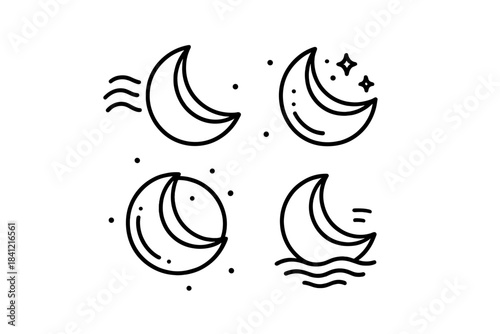 Paper Moons Icons. Line style vector icons of Paper Moons: folded crescents, glowing dust, curved lines, radiant rings, soft waves