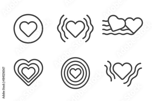 Emotional Resonance Icons. Line style round vector icons of Emotional Resonance: heart ripple, vibrating aura, bonding waves,