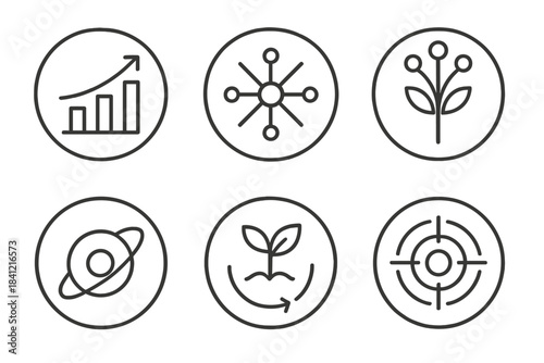 Digital Hope Icons. Line style round vector icons of Digital Hope: rising signal, bright node, wire flower, orbiting light, circle