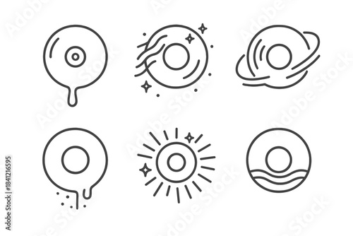 Analog Tears Icons. Line style vector icons of Analog Tears: tape rings, glowing trails, curved motion, dripping dust, radiant