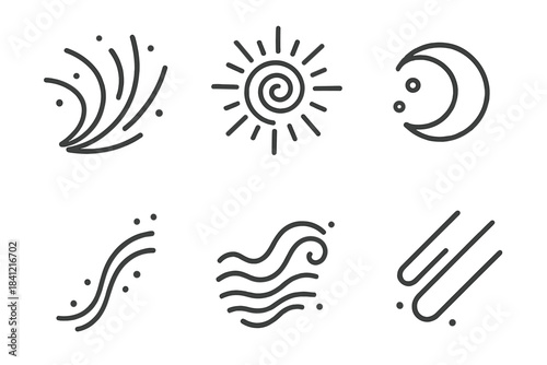 Radiant Drift Icons. Line style round vector icons of Radiant Drift: luminous gust, solar swirl, fading ember, bright curve,