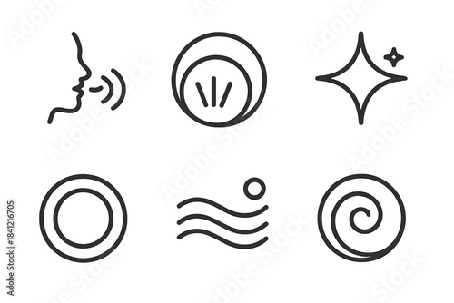Golden Murmurs Icons. Line style round vector icons of Golden Murmurs: glowing whisper, radiant curve, soft shimmer, circular echo
