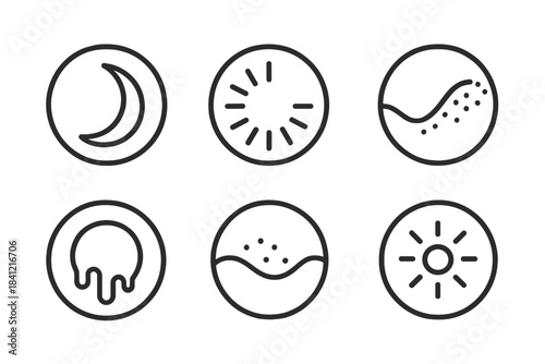 Dynamic Dimming Forms. Line style round vector icons of Dimming Forms: fading shape, bending glow, dissolving curve, melting trace
