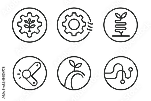 Organic Mechanica Icons. Line style round vector icons of Organic Mechanica: living wheel, breathing gear, rooted spring, luminous