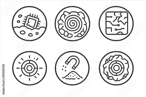 Archaeotech Relics Icons. Line style round vector icons of Archaeotech Relics: buried circuit, fossilized coil, broken pattern,