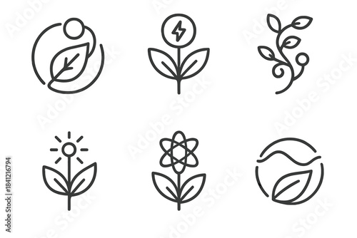 Subatomic Garden Icons. Line style round vector icons of Subatomic Garden: photon leaf, energy bud, electron vine, light stem,