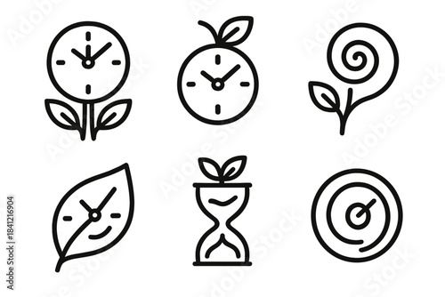 Chrono Orchard Icons. Line style round vector icons of Chrono Orchard: clock tree, time fruit, spiral branch, ticking leaf,