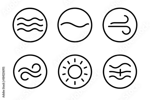 Reflective Calm Icons. Line style round vector icons of Reflective Calm: smooth shimmer, tranquil line, balanced breeze, glowing