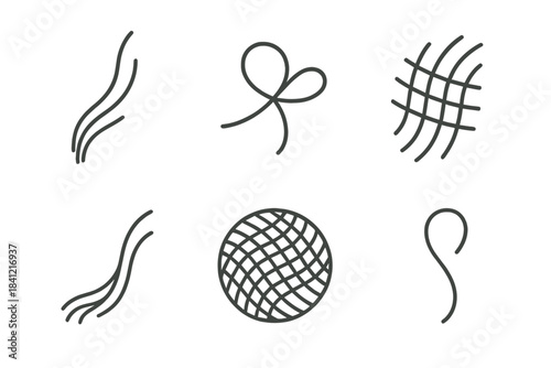 Silent Threads Icons. Line style round vector icons of Silent Threads: flowing line, soft knot, woven curve, drifting fiber,