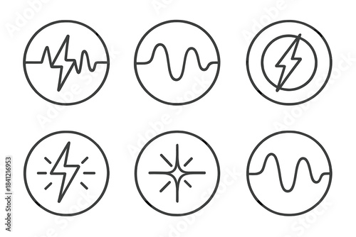 Electric Beat Icons. Line style round vector icons of Electric Beat: voltage pulse, neon wave, current loop, flashing energy,
