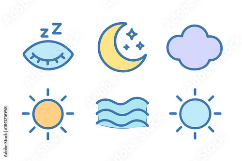 Dream Elements Icons. Line style round vector icons of Sleep in Color: dreaming eye, glowing moon, soft cloud, radiant hue,
