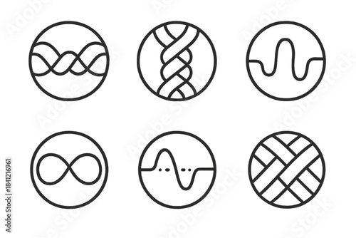 Harmonic Wave Weave. Line style round vector icons of Woven Pulse: interlaced wave, braided rhythm, looping thread, connected beat