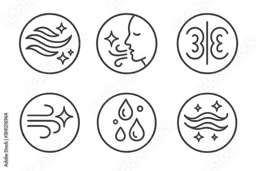 Metallic Wind Icons. Line style round vector icons of Silver Breath: metallic wind, glowing inhale, mirrored wave, radiant exhale,