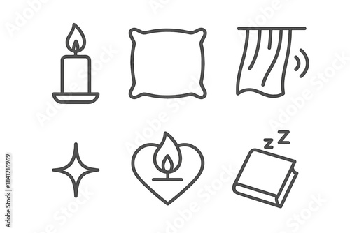 Inner Warmth Icons. Line style round vector icons of Inner Warmth: candle flame, soft pillow, breathing curtain, tiny spark,