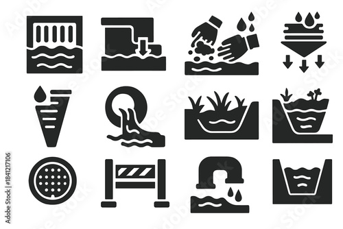 Urban Hydrology Icons. Solid style icons of Urban hydrology: storm drain, water treatment, river cleanup, sediment filter, rain