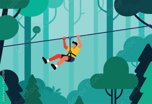 Abstract illustration depicts a person ziplining through a forest of trees. Geometric style. Vibrant color