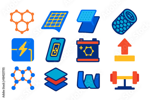 Graphene Icons Set. Flat vector icons of graphene: hexagonal carbon lattice, graphene sheet, transparent layer, rolled nanotube,