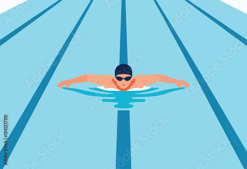 A swimmer, stylized, in a pool with lane markings, front crawl. Graphic, clean lines. Light blue, bright colors