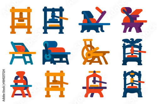 Historical Printing Press Icons. Flat vector icons of Historical Printing Presses: Gutenberg press, iron hand press, proof press,