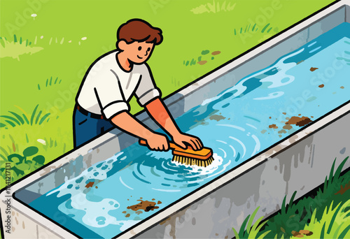 A person scrubs a water trough filled with ripples, standing on grass. The scene has a cartoon aesthetic