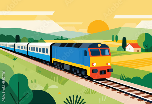A vibrant illustration shows a train traversing a rural landscape with a rising sun