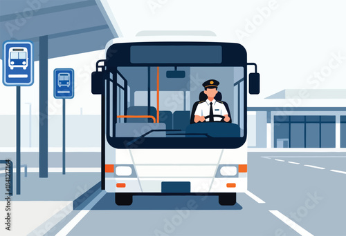 A bus driver sits at the wheel of a white bus, parked at a stop with signage, awaiting passengers