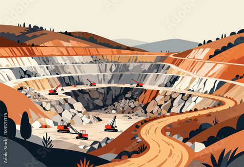 A landscape illustration depicting an open-pit mine, with machinery on different levels