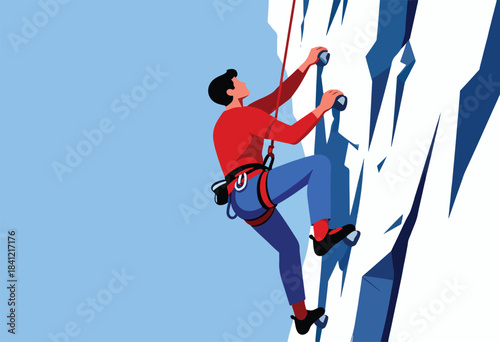 A graphic depicts a climber in red shirt and blue pants scaling a stark, jagged, blue and white cliff face