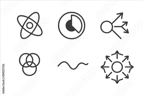 Solar Fusion Icons. Line style icons of Solar Fusion: hydrogen atom, solar core cutaway, neutrino emission, helium nucleus, energy