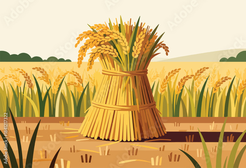 A stylized illustration features a golden sheaf of harvested grain in a field, with a backdrop of wheat & distant hills