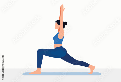 A flat illustration depicts a woman in a warrior yoga pose, arms raised. She wears blue
