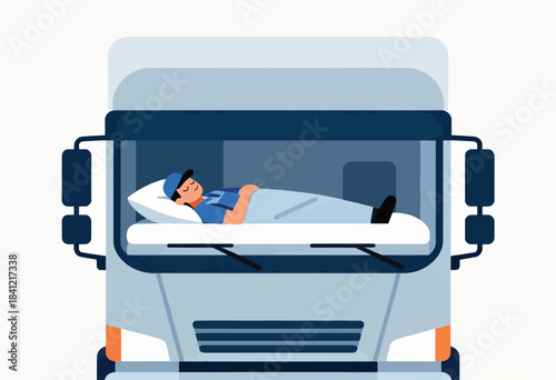 A cartoon illustration depicts a truck front with a driver sleeping in a bed inside the cab