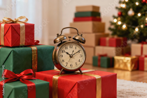Festive christmas gift box with clock. last minute time to order and dispatch special present for holiday