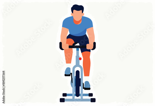 A flat illustration of a person exercising on a stationary exercise bike against a white background