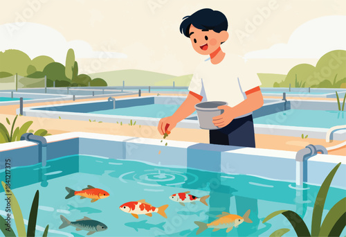 A young man is feeding fish in a rectangular pond filled with colorful carp and other fish. The scene is outdoors