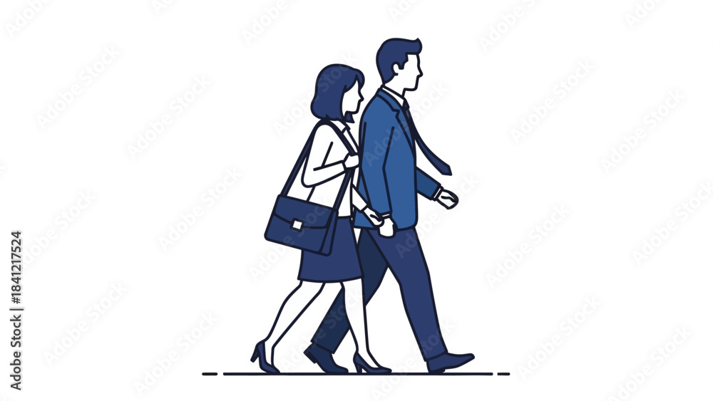 Obraz premium A man and a woman in business attire walking side-by-side in profile against a white background.