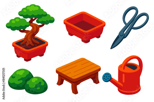 Vibrant Bonsai Collection. Isometric vector illustration set Bonsai Collection: miniature pine tree, ceramic pot, pruning scissors