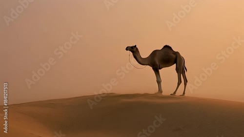 Man walking across sand dunes at sunrise