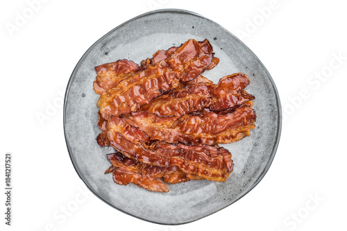 Crispy sizzling bacon slices with deep smoked color arranged on a light textured plate great for food scenes and recipe illustrations.